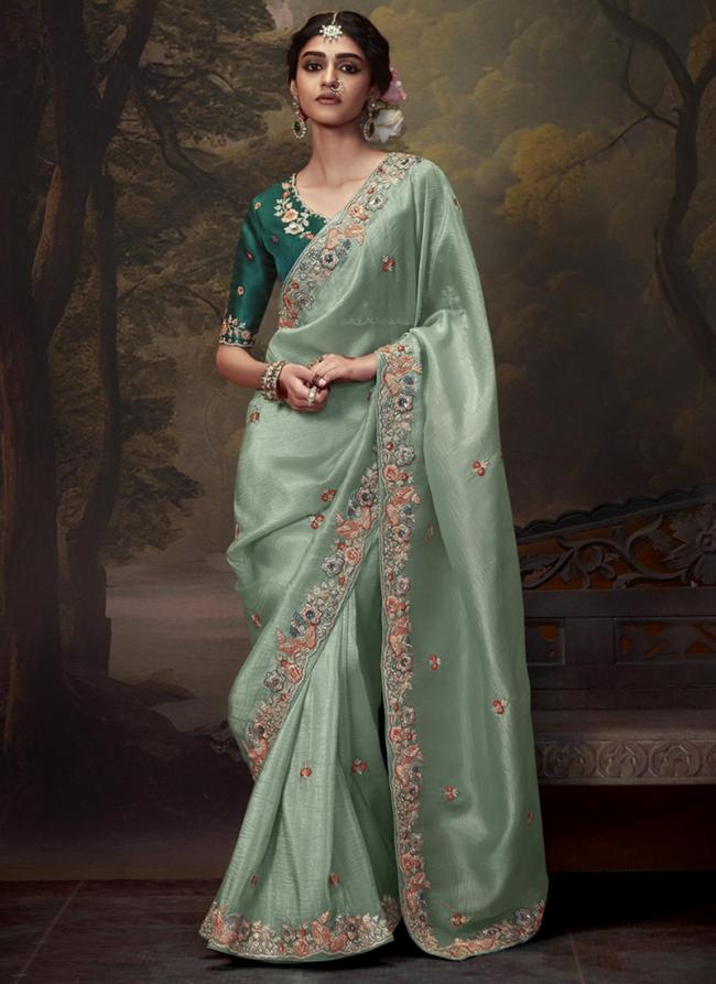 Fancy Light Blue Party Wear Embroidery Work Saree